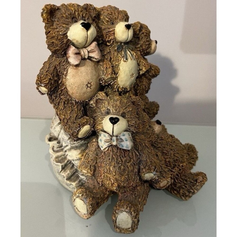Teddy Bear Bookends Family Group Brown Beige Textured Resin Animals Decor New